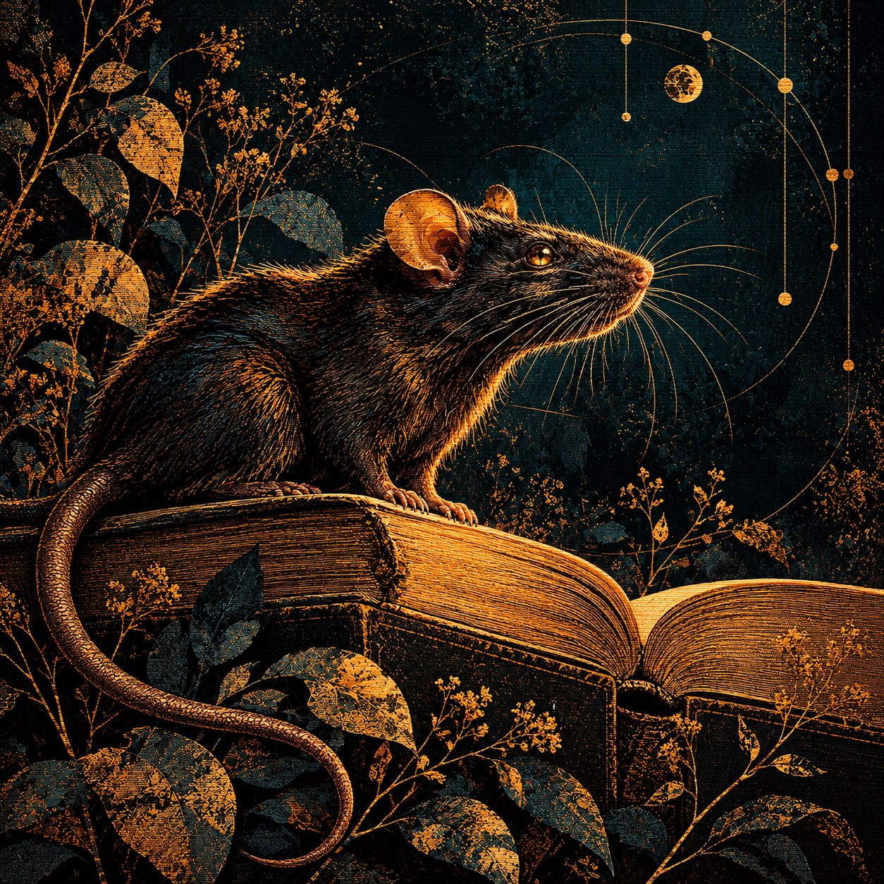 A black rat with an amber eye sits on an open book, its tail curling into the margin, against a dark botanical sky.